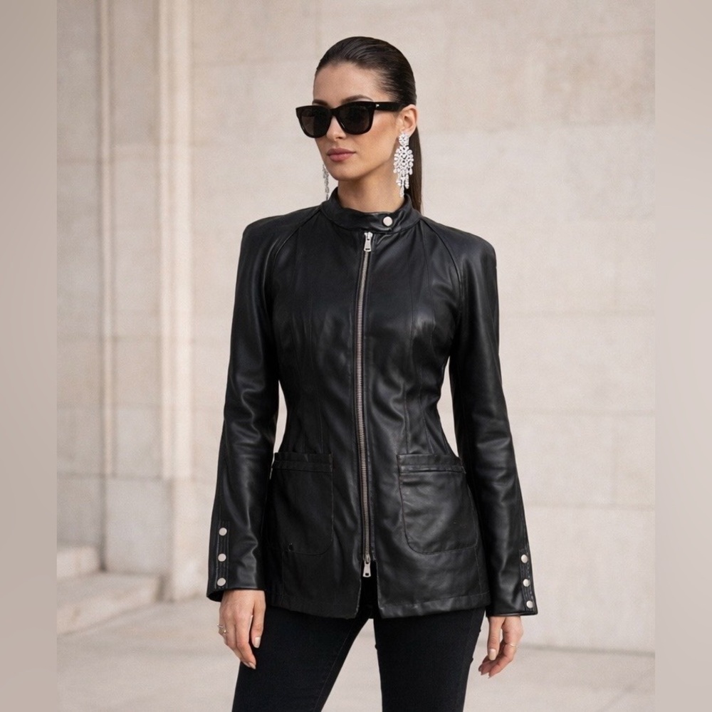 AVEC LES FILLES Black Faux Leather Moto Jacket NWOT Sz M Very flattering!